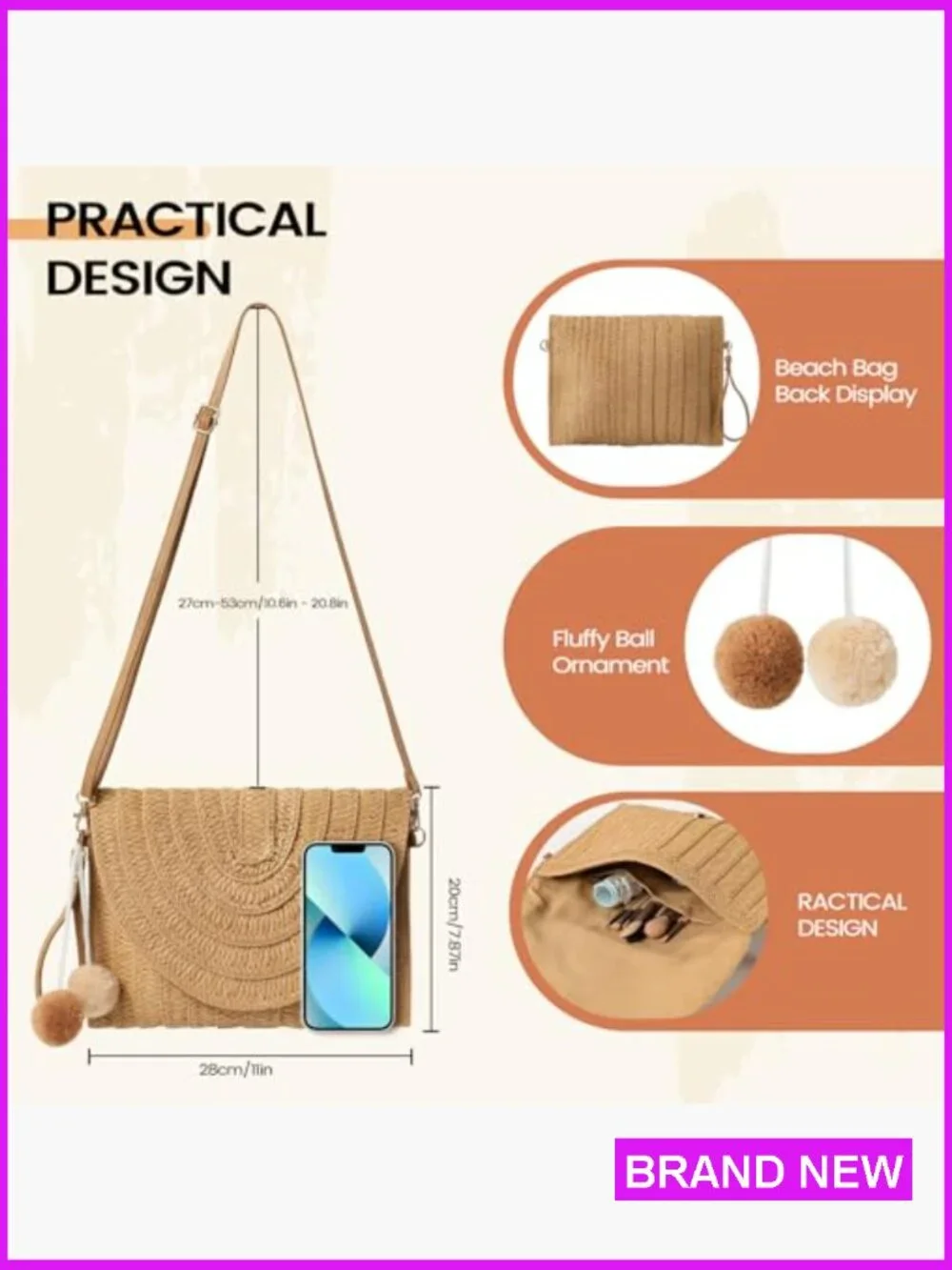 Woven Straw Crossbody Bag Handmade Summer Beach Purse Clutch Shoulder - Picture 5 of 7